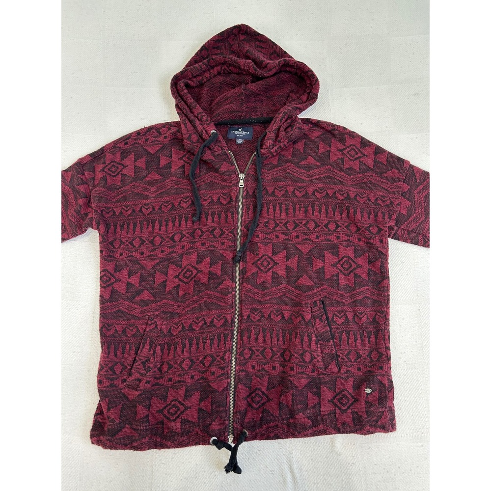 American Eagle Men Burgundy Black Southwestern Geometric Full Zip Hoodie Large